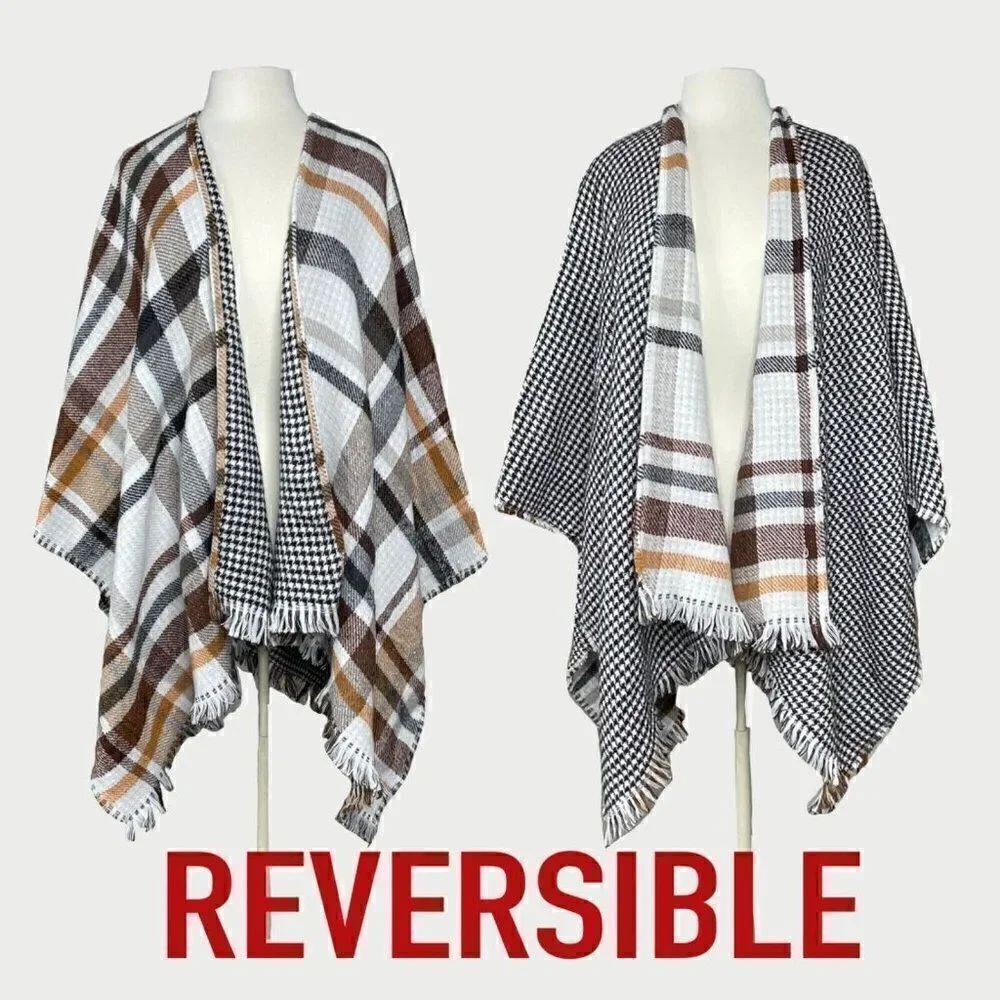 Steve Madden Plaid Reversible Fringe Sweater Poncho Cape OSFA NEW